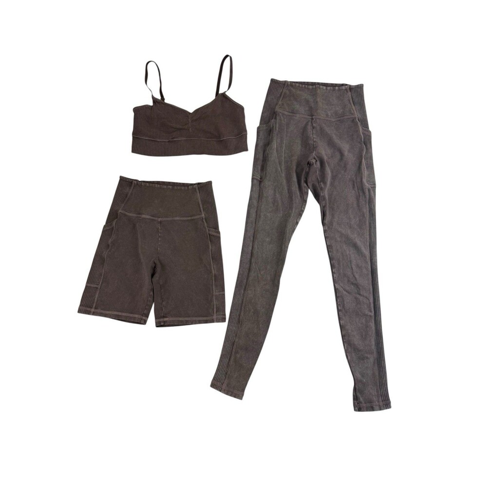 OFFLINE by Aerie 3 Piece Brown Mineral Wash Ribbed Set Leggings Shorts Bra M/L
